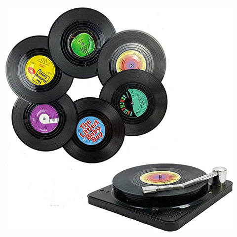 6pcs Vinyl Disk Coasters With Vinyl Record Player Holder - FajarShuruqSA