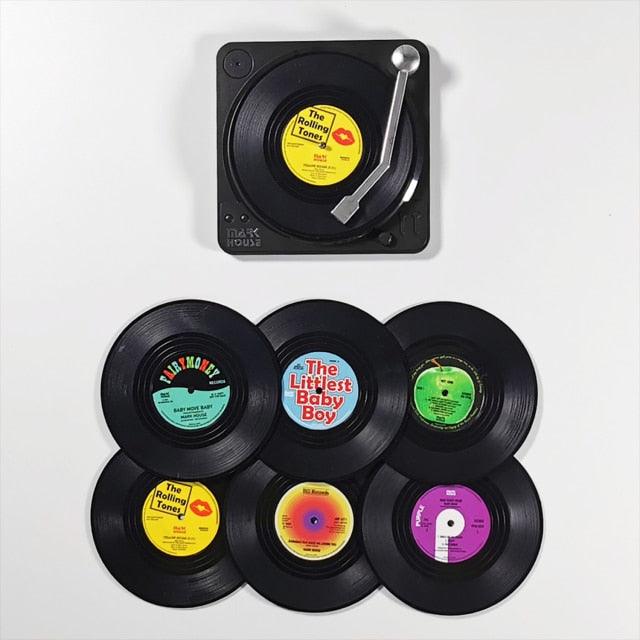 6pcs Vinyl Disk Coasters With Vinyl Record Player Holder - FajarShuruqSA