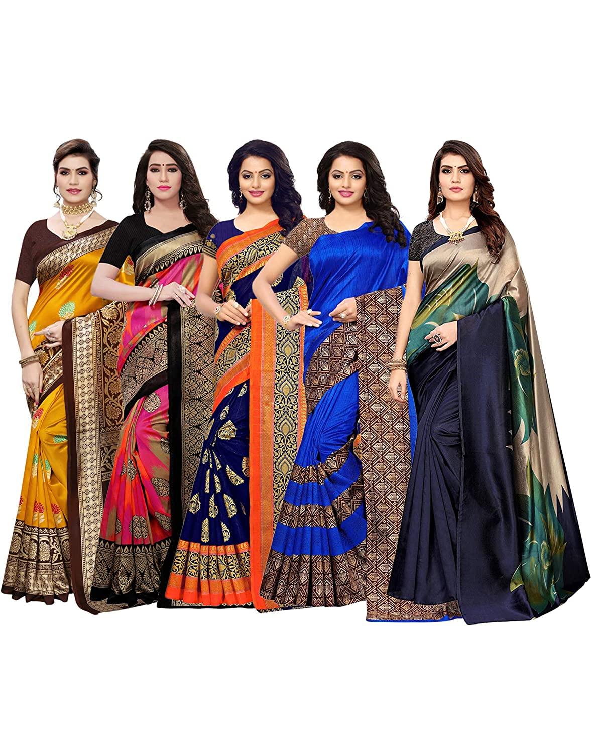 Women's Poly Silk Printed Saree Pack Of 5 - Indian Traditional Saree Wedding Dress Handmade Famous Actress Style Party Wear Free Size  Ethenic Wear Clothes For Women - FajarShuruqSA