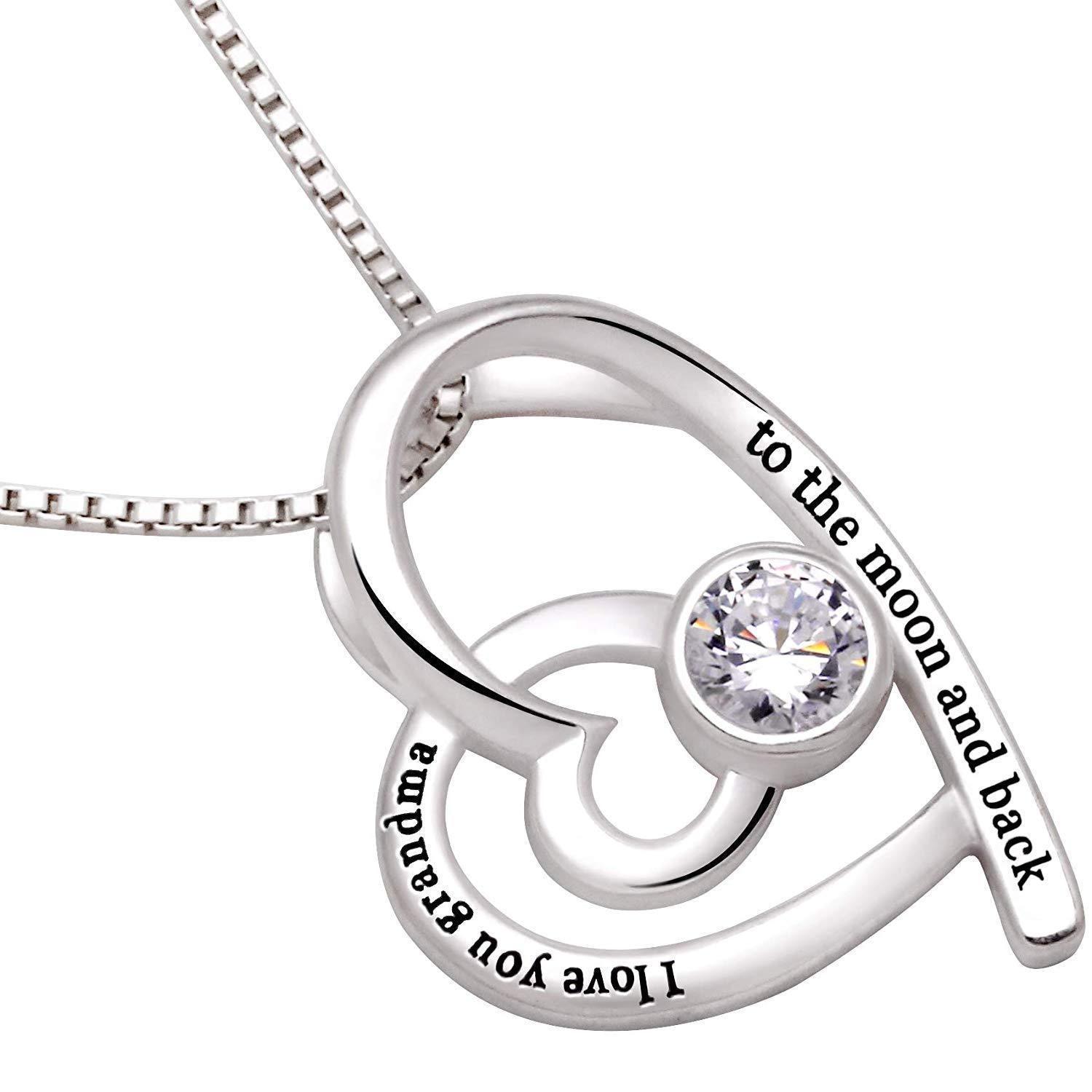 "I Love you Grandma to the moon and back" Heart Necklace Embellished with Austrian Crystal in 18K White Gold Plated - FajarShuruqSA