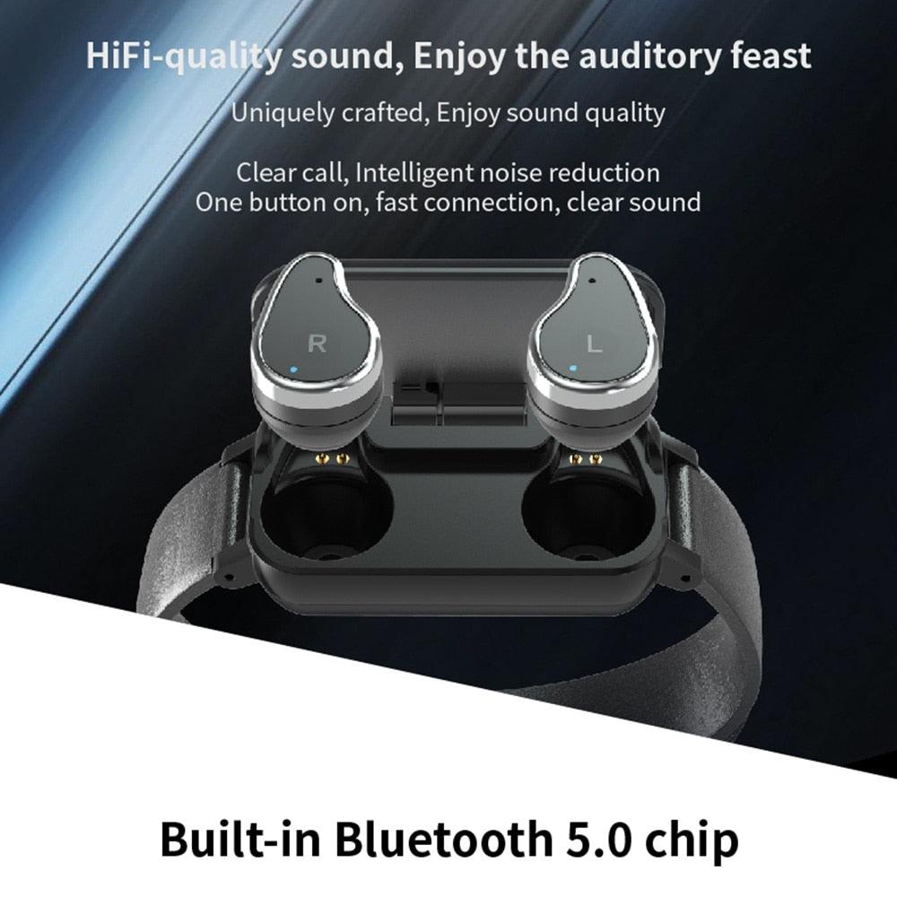 TWS Smart Binaural Bluetooth Headphone Fitness Bracelet Heart Rate Monitor - FajarShuruqSA