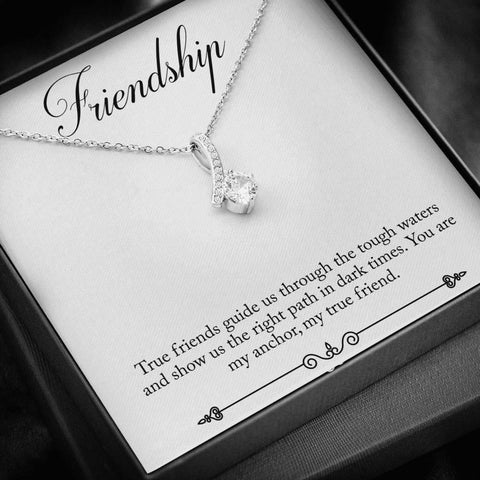 CARD#70-Friendship 18K White Gold Plated Ribbon Love Necklace made with  Crystals - FajarShuruqSA