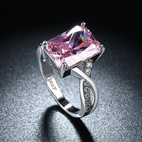 Emerald Cut Pink Crystal Swirl Ring Set in 18K White Gold Plating Made with Austrian Elements ITALY Made - FajarShuruqSA