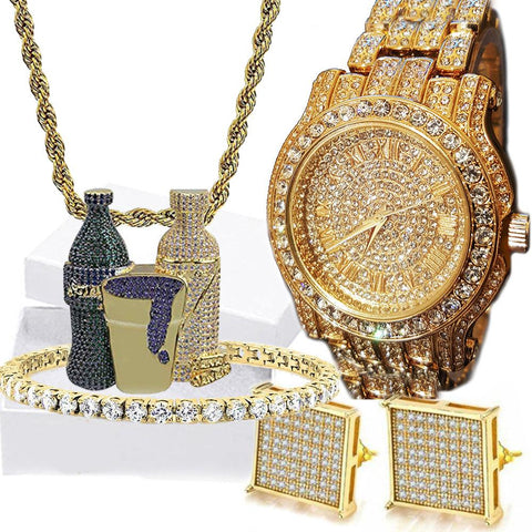 18K Gold Plated 4 Piece Mens Jewelry And Watch Set - FajarShuruqSA