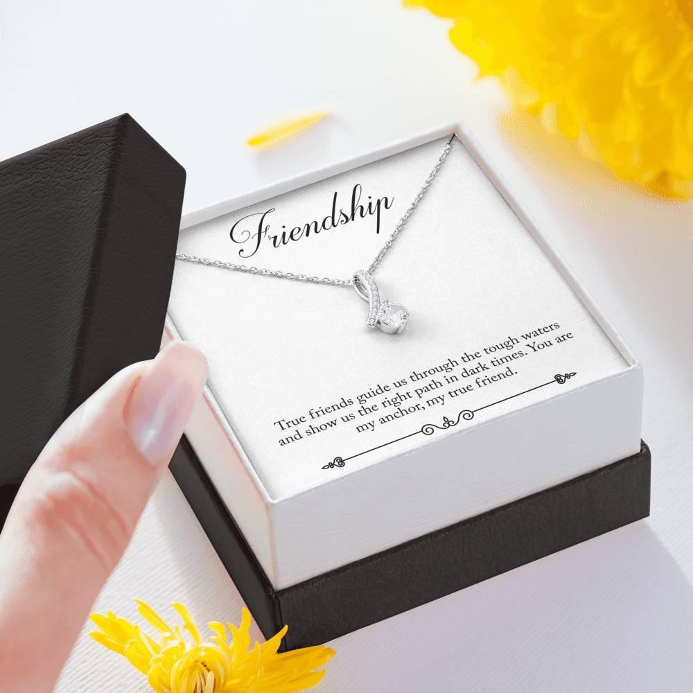 CARD#70-Friendship 18K White Gold Plated Ribbon Love Necklace made with  Crystals - FajarShuruqSA