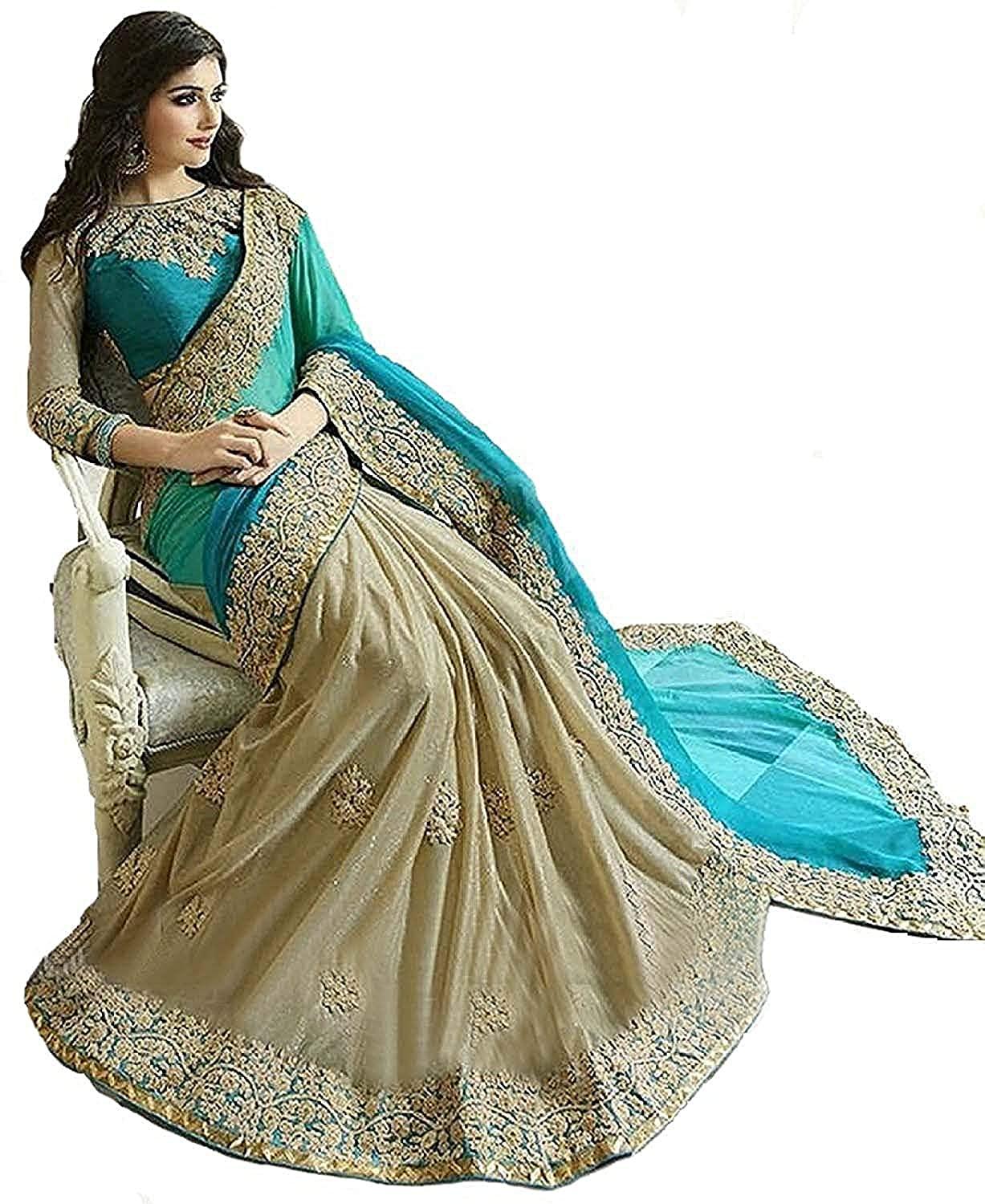Women Bollywood Style Lycra Saree With Blouse Piece Indian Traditional Saree Wedding Dress Handmade Famous Actress Style Party Wear Free Size  Ethenic Wear Clothes For Women Embroidered - FajarShuruqSA