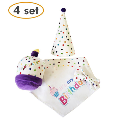 Dog Birthday Set - Plush Squeaker Toy, Bandana, Hat & Bow Tie - 4 Pieces FajarShuruqSA