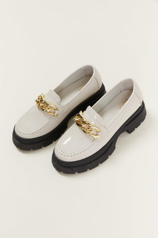 White Patent Leather Chunky Heel Loafers