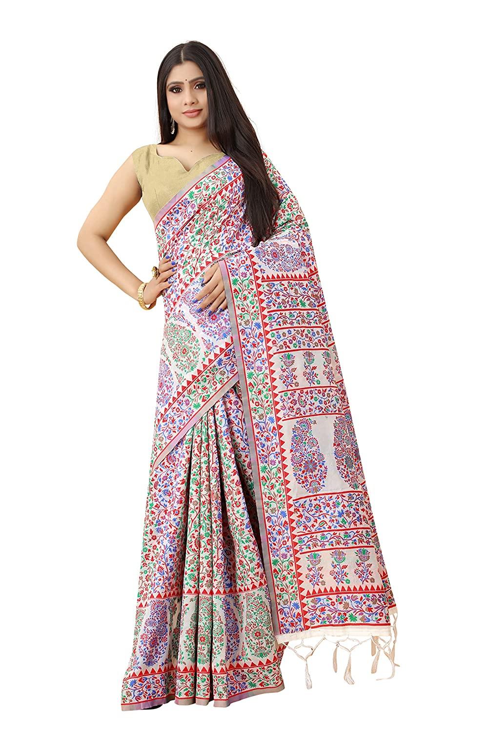 Women's Kalamkari Jacquard Cotton Saree With Blouse Piece Indian Sari Traditional Saree Wedding Dress Handmade Famous Actress Style Party Wear Free Size Ethenic Wear Clothes For Women - FajarShuruqSA