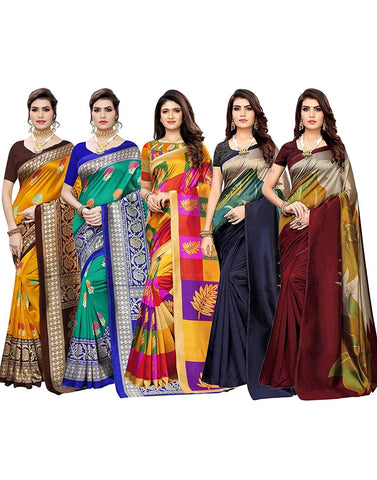 Women's Poly Silk Printed Saree Pack Of 5 - Indian Traditional Saree Wedding Dress Handmade Famous Actress Style Party Wear Free Size  Ethenic Wear Clothes For Women - FajarShuruqSA