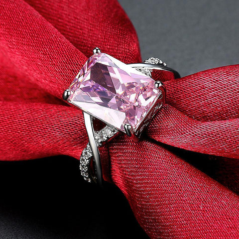 Emerald Cut Pink Crystal Swirl Ring Set in 18K White Gold Plating Made with Austrian Elements ITALY Made - FajarShuruqSA