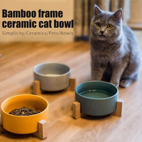 Ceramic Raised Cat Bowl With Wood Stand FajarShuruqSA