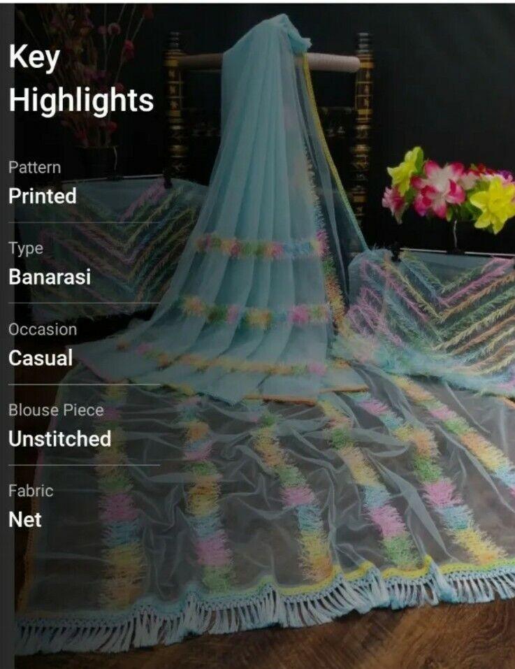 Women's Banarasi SilkPrinted Banarasi Net Saree For Women,Bollywood StylE Traditional Saree Wedding Dress Handmade Famous Actress Style Party Wear Free Size  Ethenic Wear Clothes For Women Embroidered - FajarShuruqSA